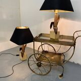 Vintage Bronze, Brass and Travertin Table Lamps in the manner of Maison Charles, 1970s, Set of 2