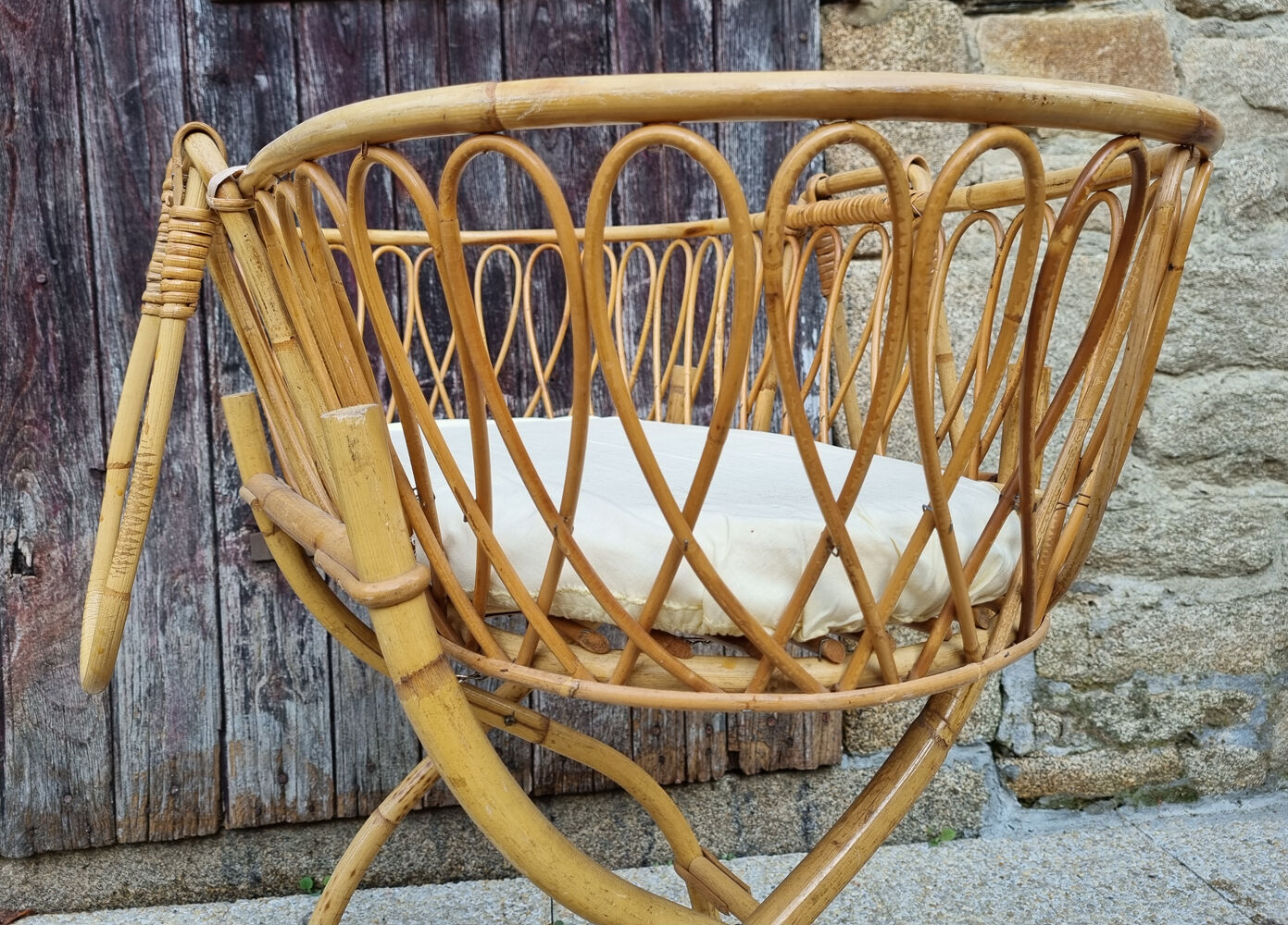 Rattan and bamboo cradle, vintage, 60s