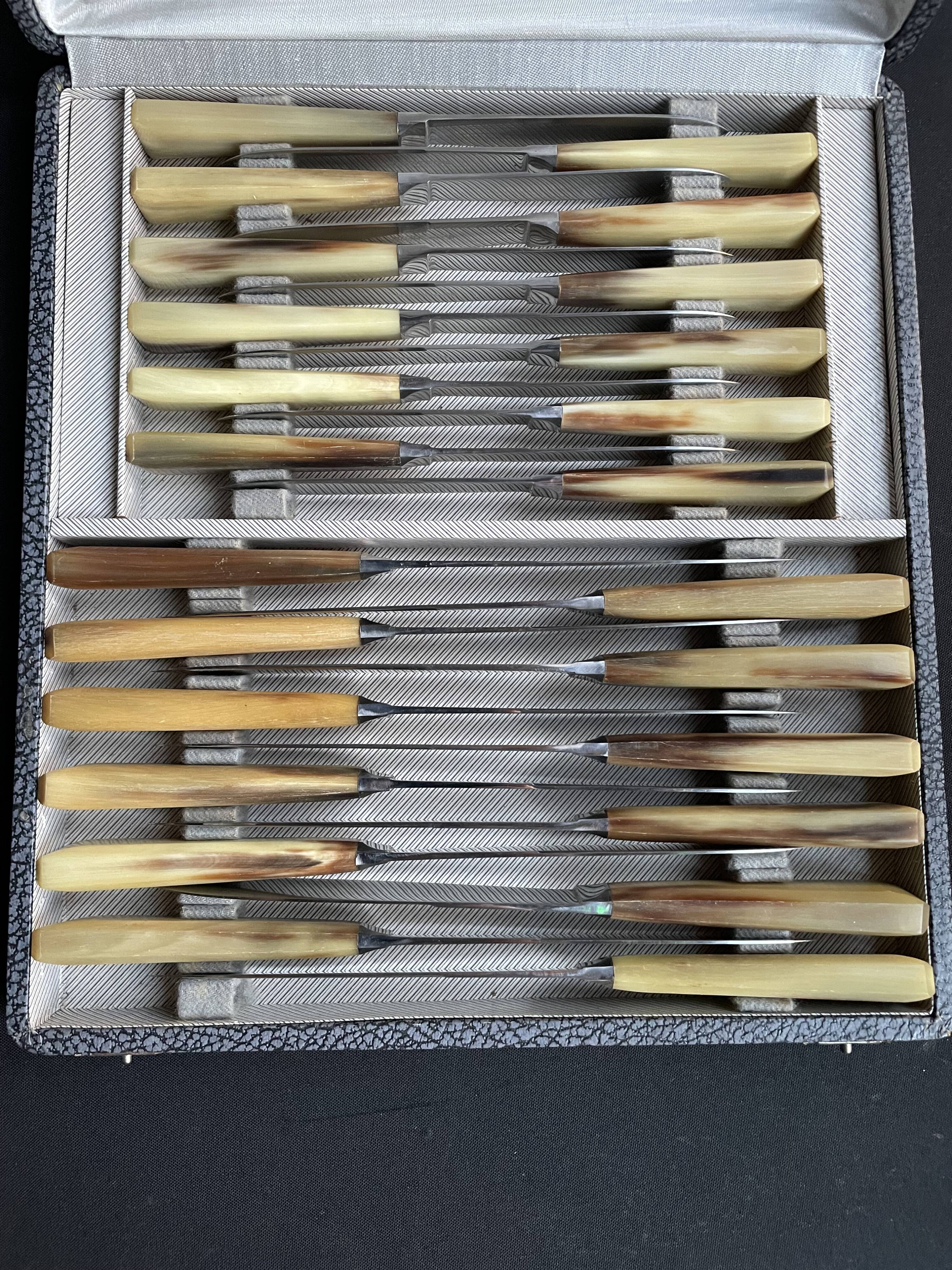 Box of 12 large and 12 small horn handle knives – Art Deco