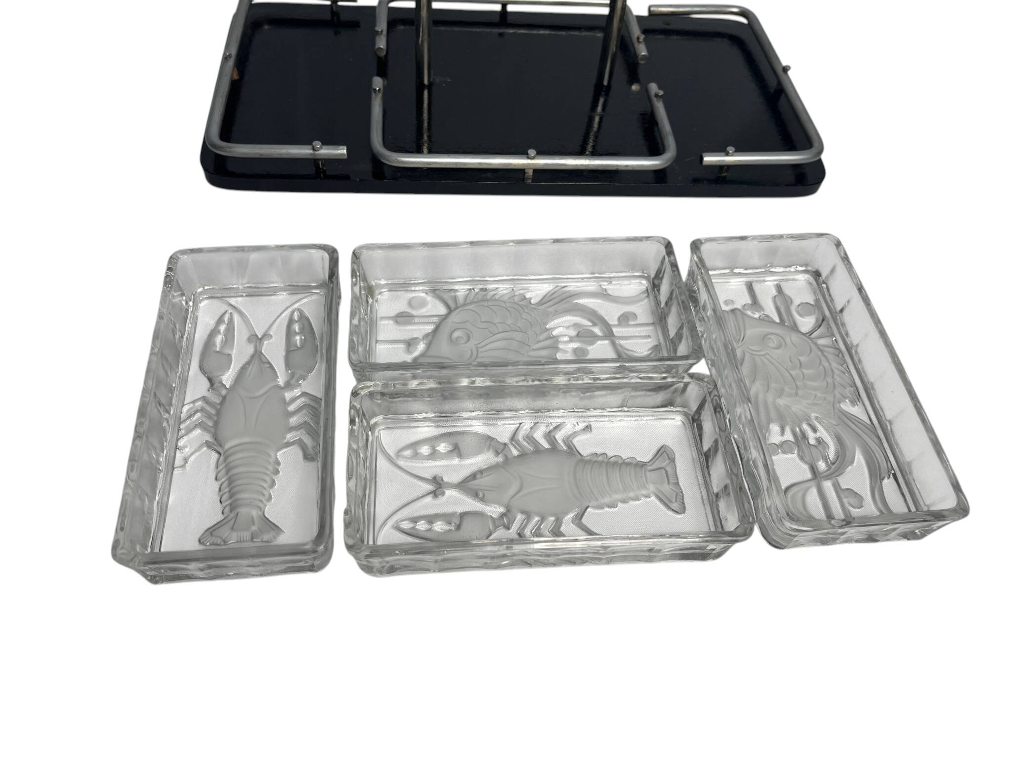 Art Deco, serving tray with glass ramekins for fish and shellfish from around 1940.