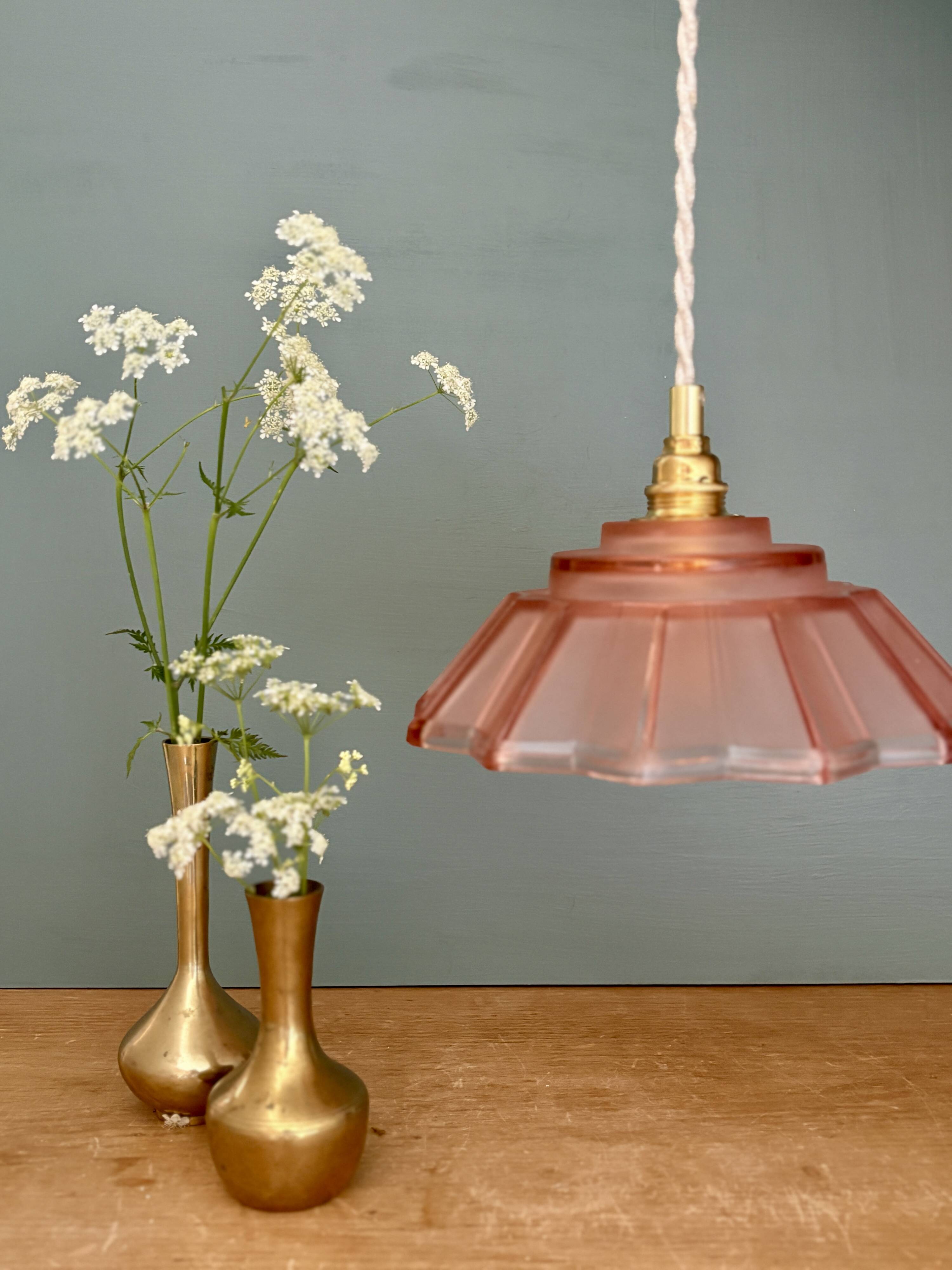 suspension vintage art deco lampshade in frosted pink glass