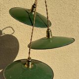 Trio of vintage green enamelled sheet metal lampshade pendants