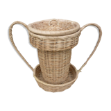 Basket shaped cup or vase with handles and wicker lid
