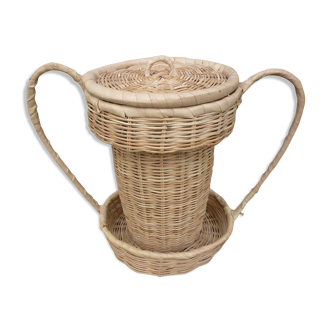 Basket shaped cup or vase with handles and wicker lid