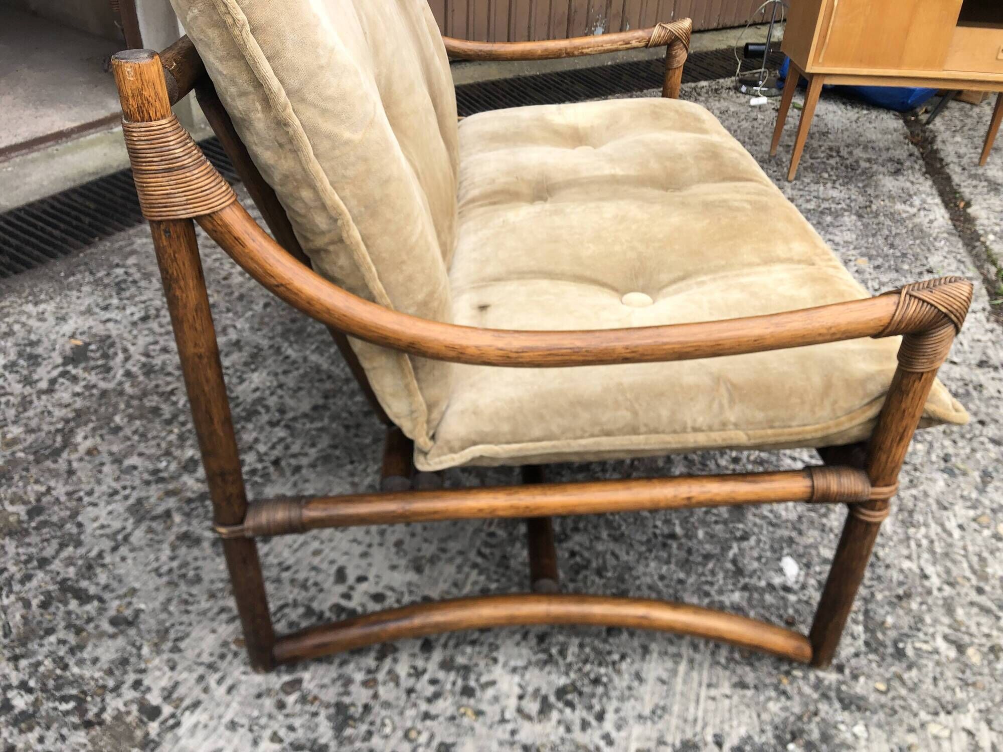 2-seater rattan sofa with vintage velvet cushions from the 70s
