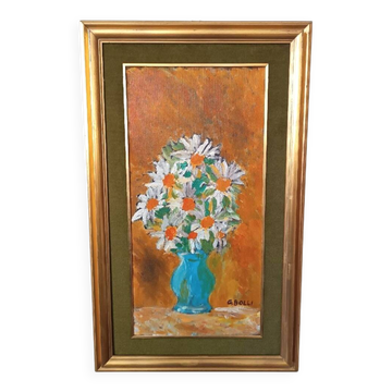 Huile sur panneau, vase avec des fleurs, gerolamo bolli (pise 1933-2009)