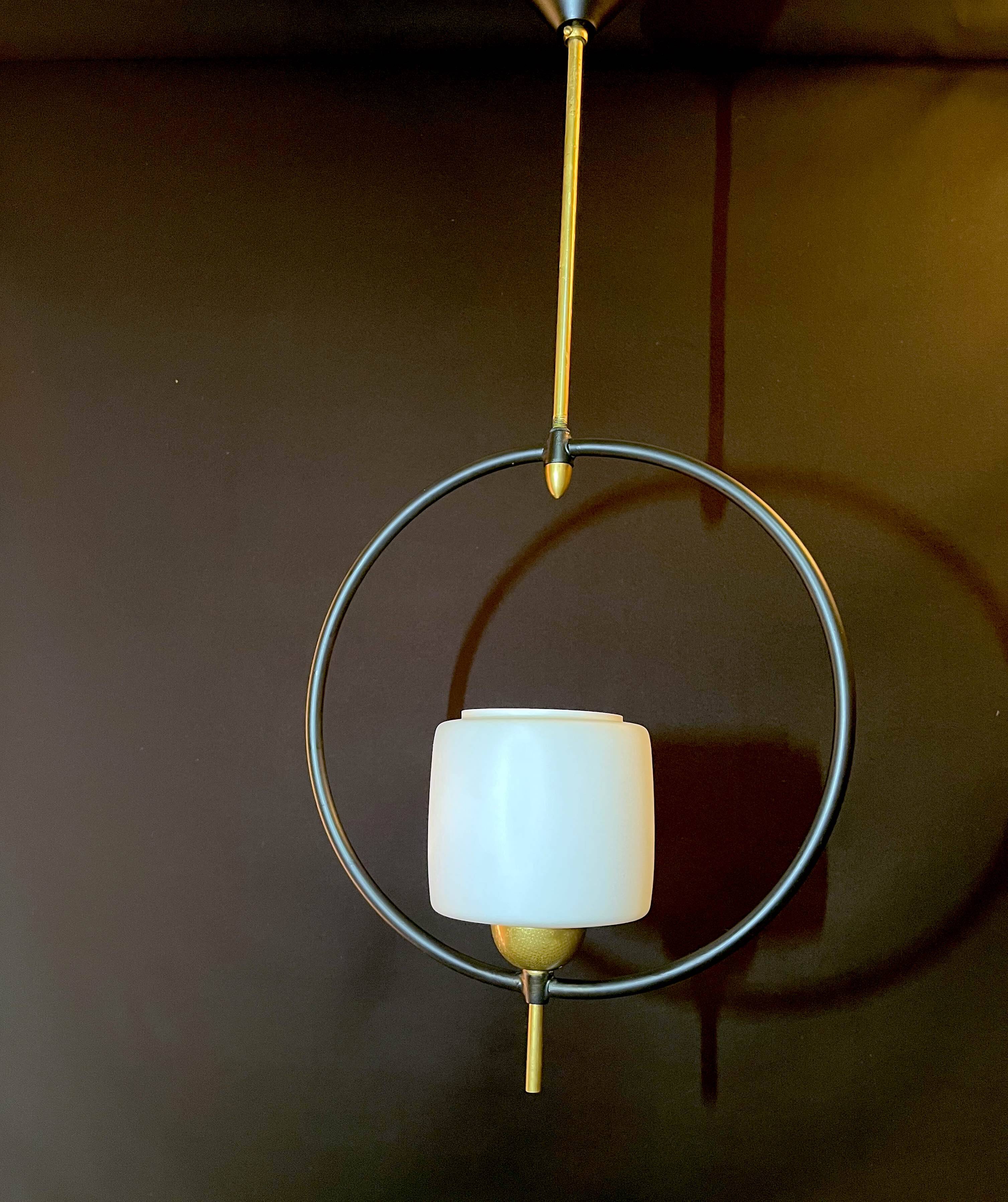 Maison Lunel, Mid-Century Black and Brass Circular Pendant Lamp, France