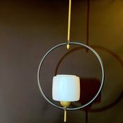 Maison Lunel, Mid-Century Black and Brass Circular Pendant Lamp, France