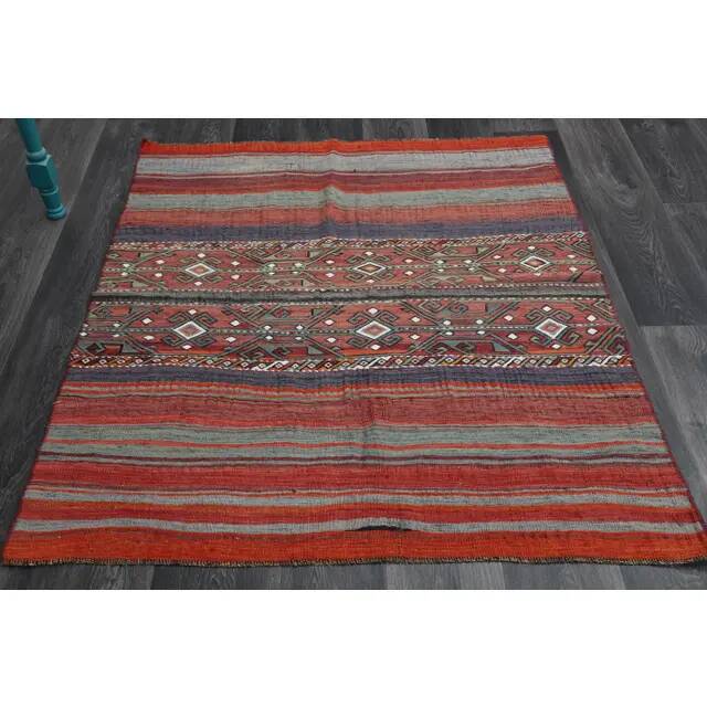 1970s Turkish hand-knotted wool cotton red kilim area rug 123x145