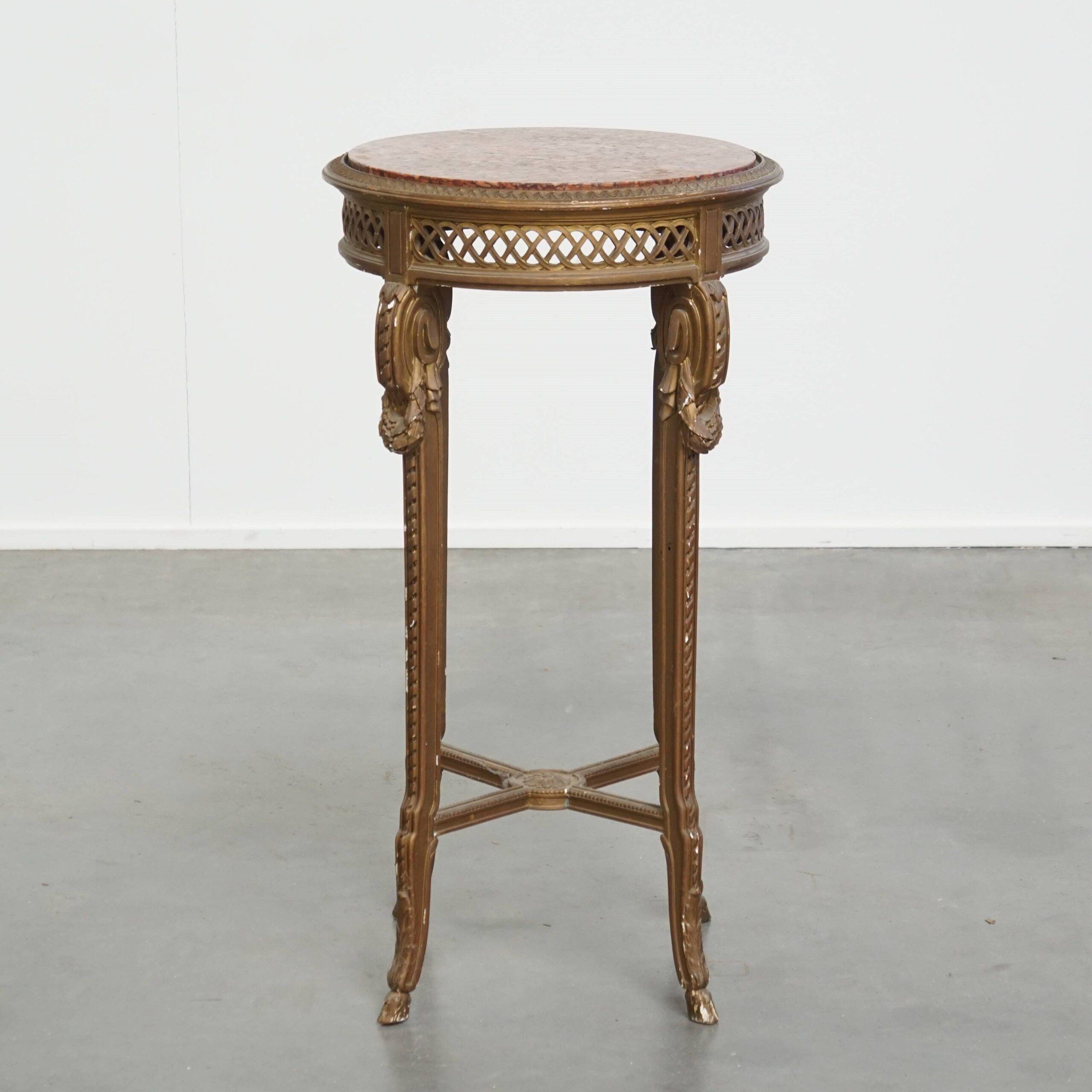 Antique French side table with a gold-coloured wooden frame and marble top