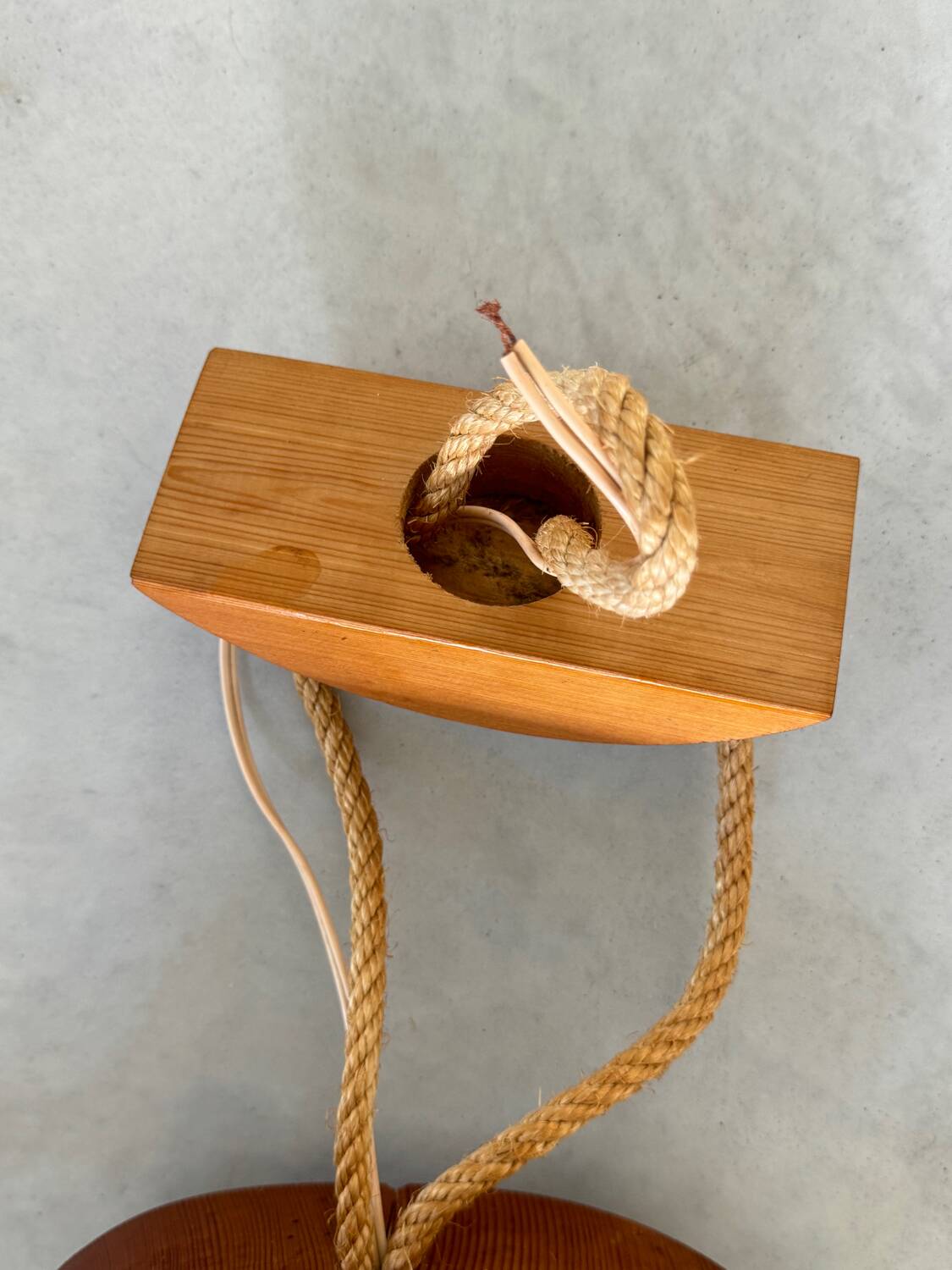 Scandinavian design chandelier pendant, rope, opaline and pine, from the 1980s