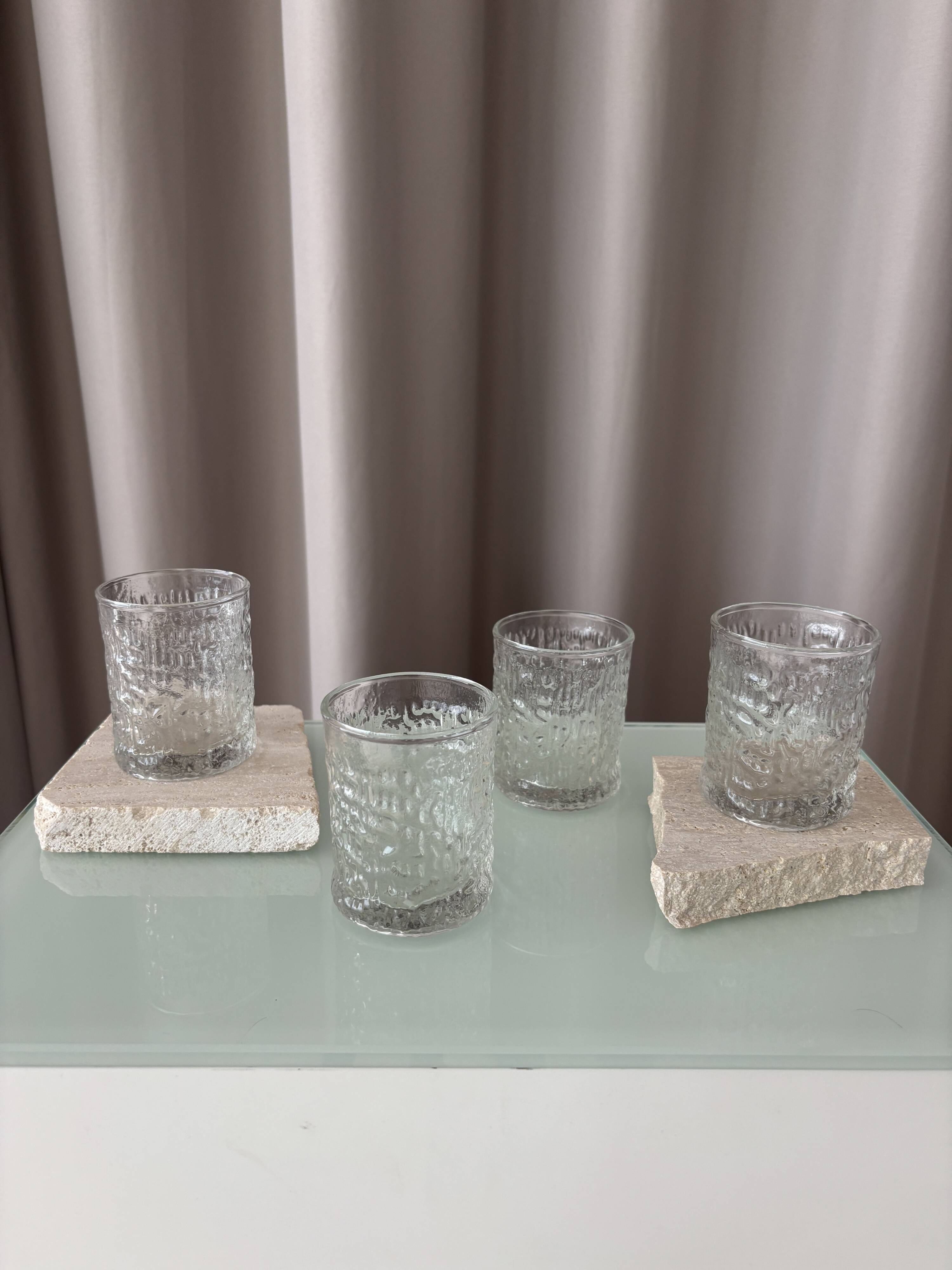 Set of 4 Vintage Ice Textured Shot Glasses / Tealight Holders
