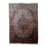 Tapis médaillon en laine fait main des années 1940, ivoire et marine, 212 × 312 cm