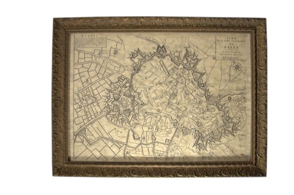 Gravure ancienne encadrée de Lille, chez Pierre Mortier, Amsterdam, 50x37cm