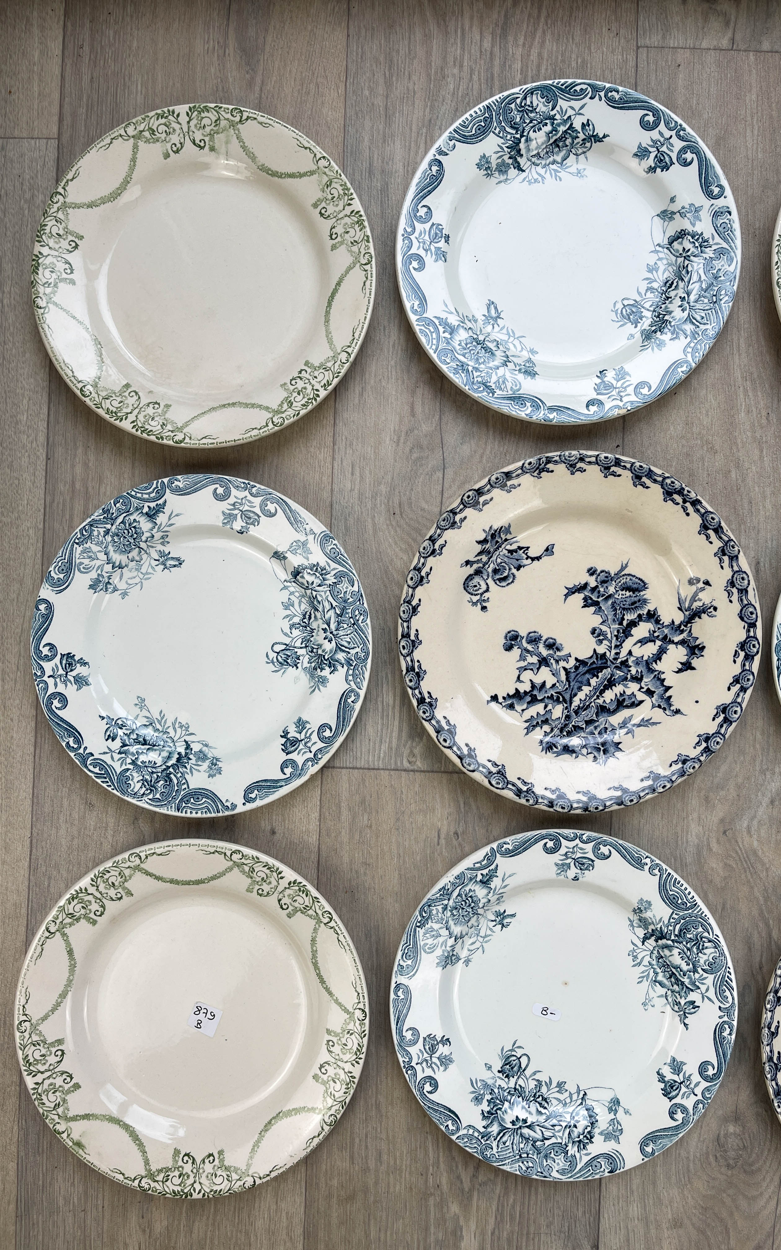 6 green and blue mismatched iron earth plates