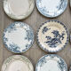 6 green and blue mismatched iron earth plates