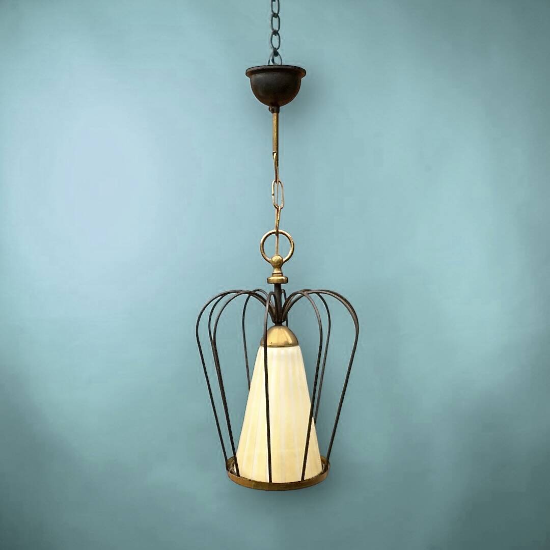 Brass suspension, black metal and striped glass attributed to Massive, 1950s.