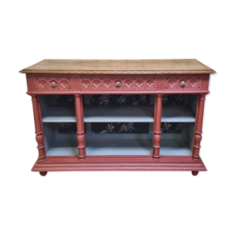 Console buffet en chêne relooké avec 3 tiroirs et une étagère