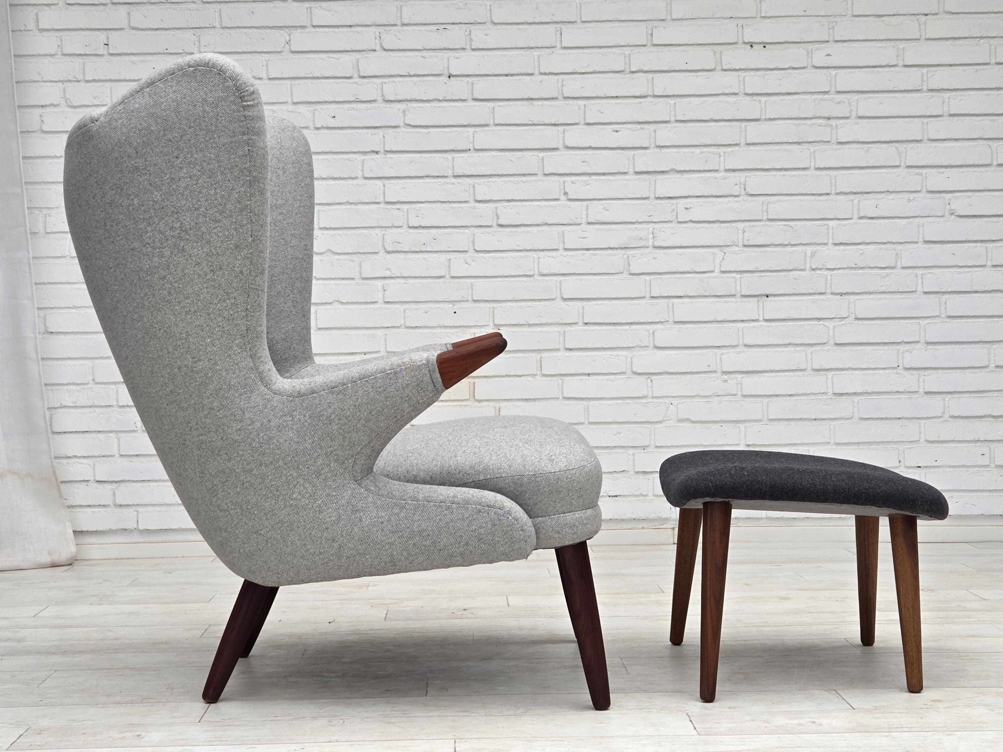 1960s, Danish "Teddy chair" with stool, reupholstered, wool, teak wood.