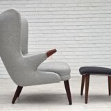 1960s, Danish "Teddy chair" with stool, reupholstered, wool, teak wood.