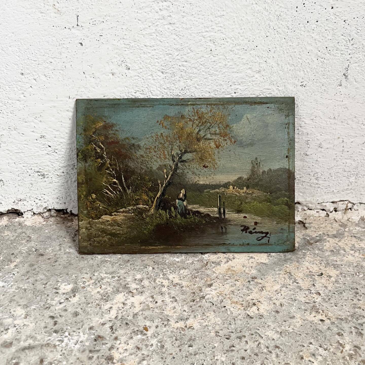 Old French Barbizon countryside painting