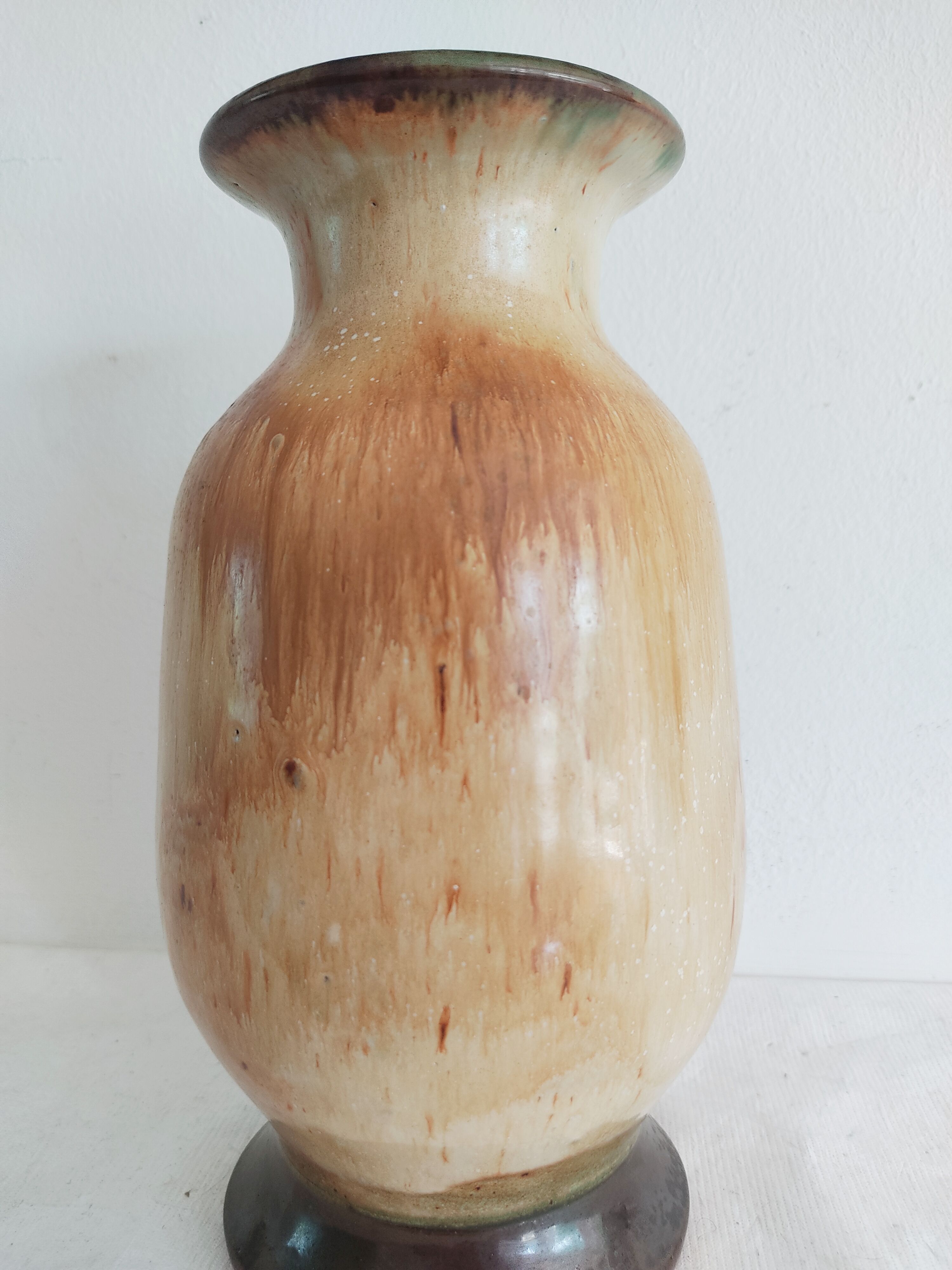 Vase vintage aux oiseaux en grès signé Biran
