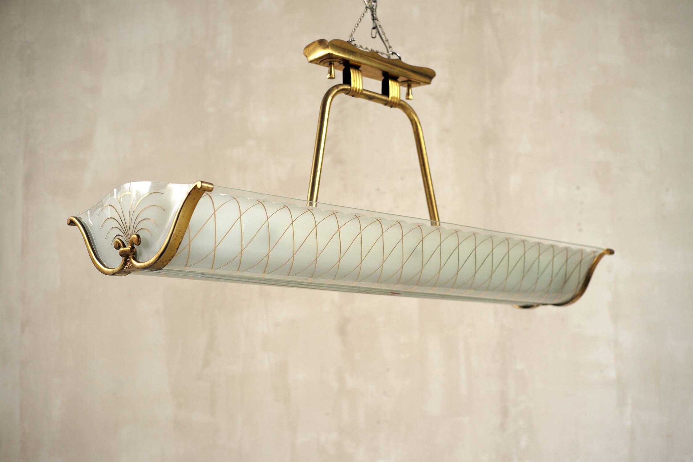 Large cast glass and brass pendant light Maison Lunel France 1960