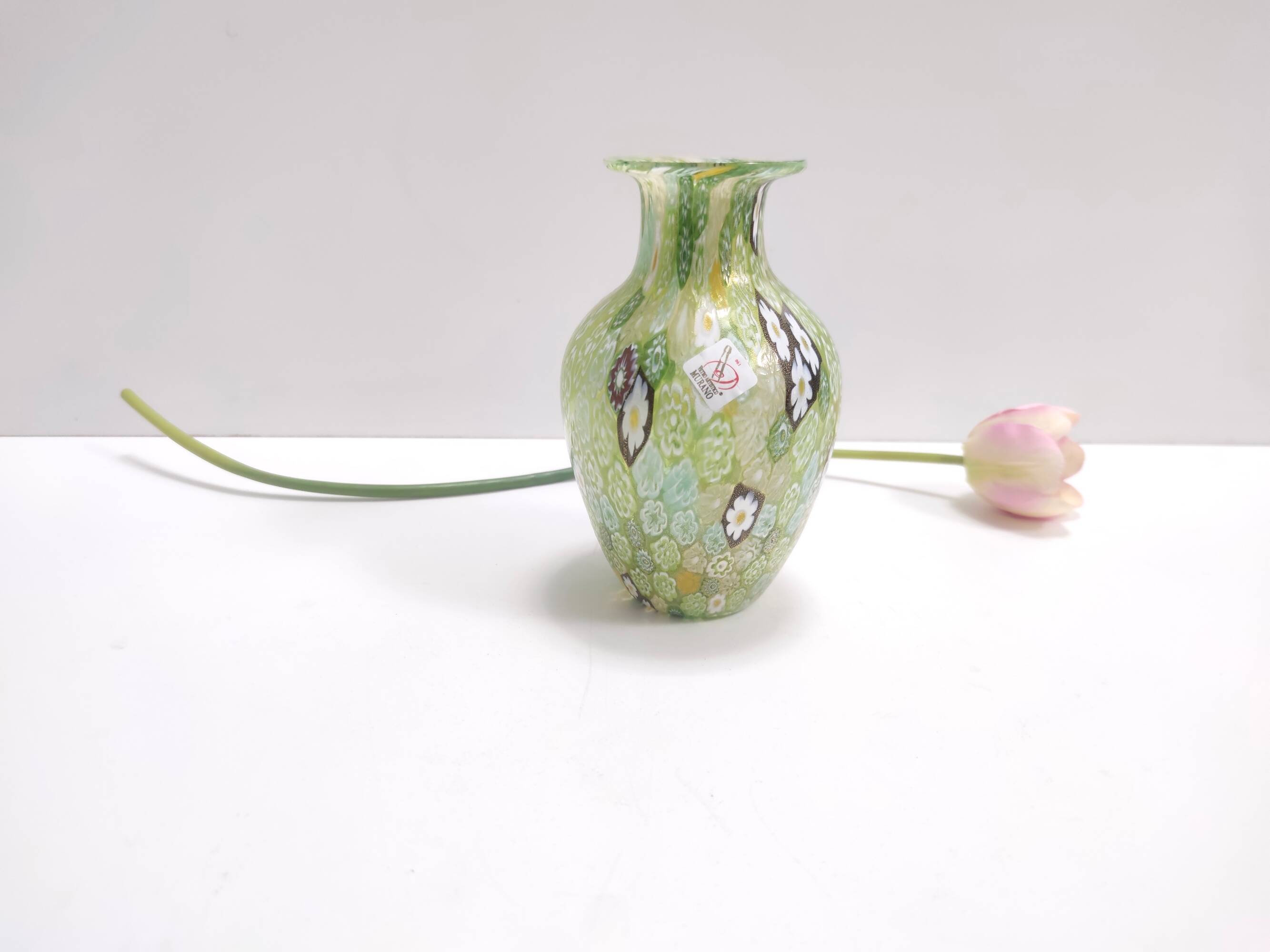 Millefiori Green Murano Glass Vase with Murrines and Gold Leaf, Italy