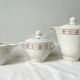 Vintage tea set in white porcelain with stripes, Moulin des Loups orcerame model "Richelieu"