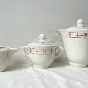 Vintage tea set in white porcelain with stripes, Moulin des Loups orcerame model "Richelieu"