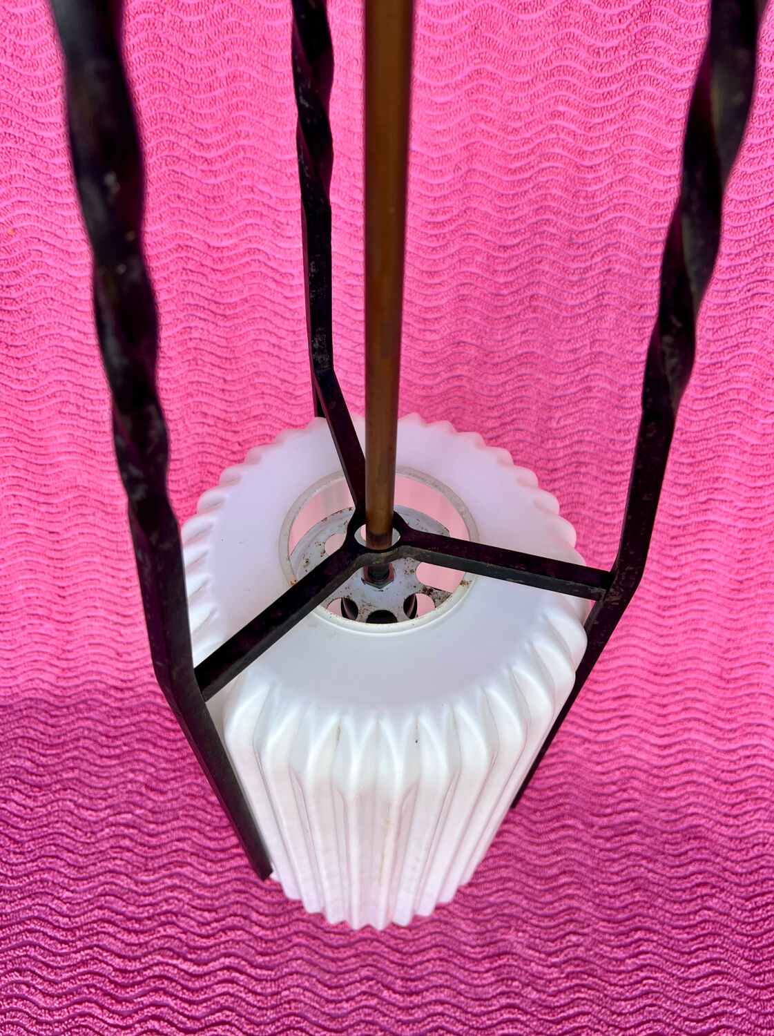 LAMP/IRON SUSPENSION FORGED OPAQUE WHITE GLASS CYLINDRICAL TUBE