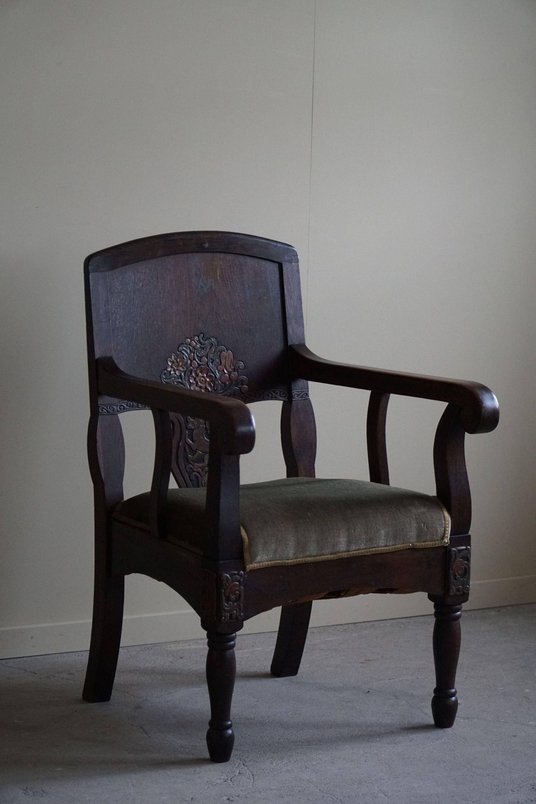 Hand-carved oak and velvet armchair, Danish furniture maker, Art Nouveau, 1939