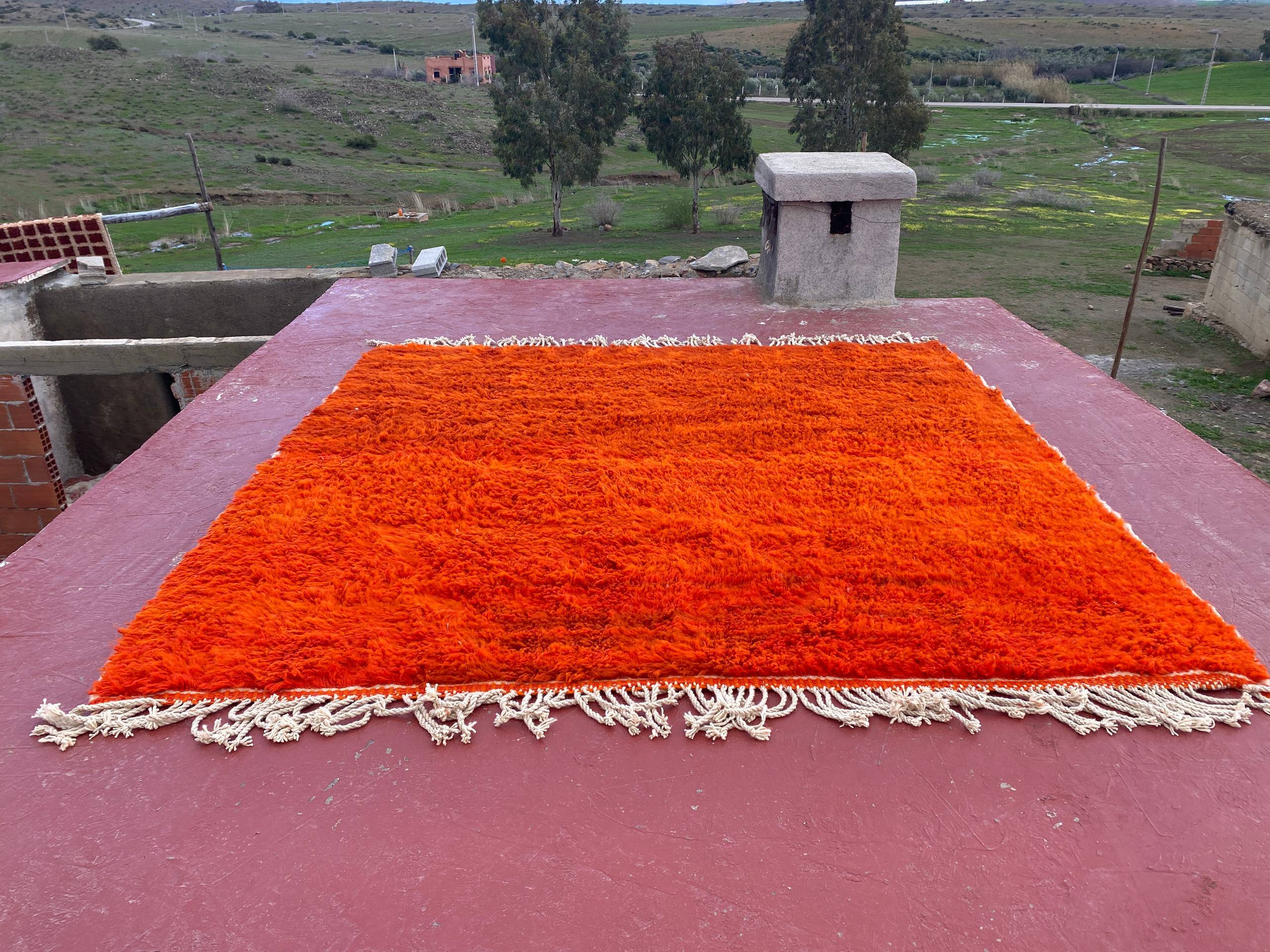 Large Beni Ouarain Rug 260x260 cm – Vibrant Orange Wool, Unique Piece