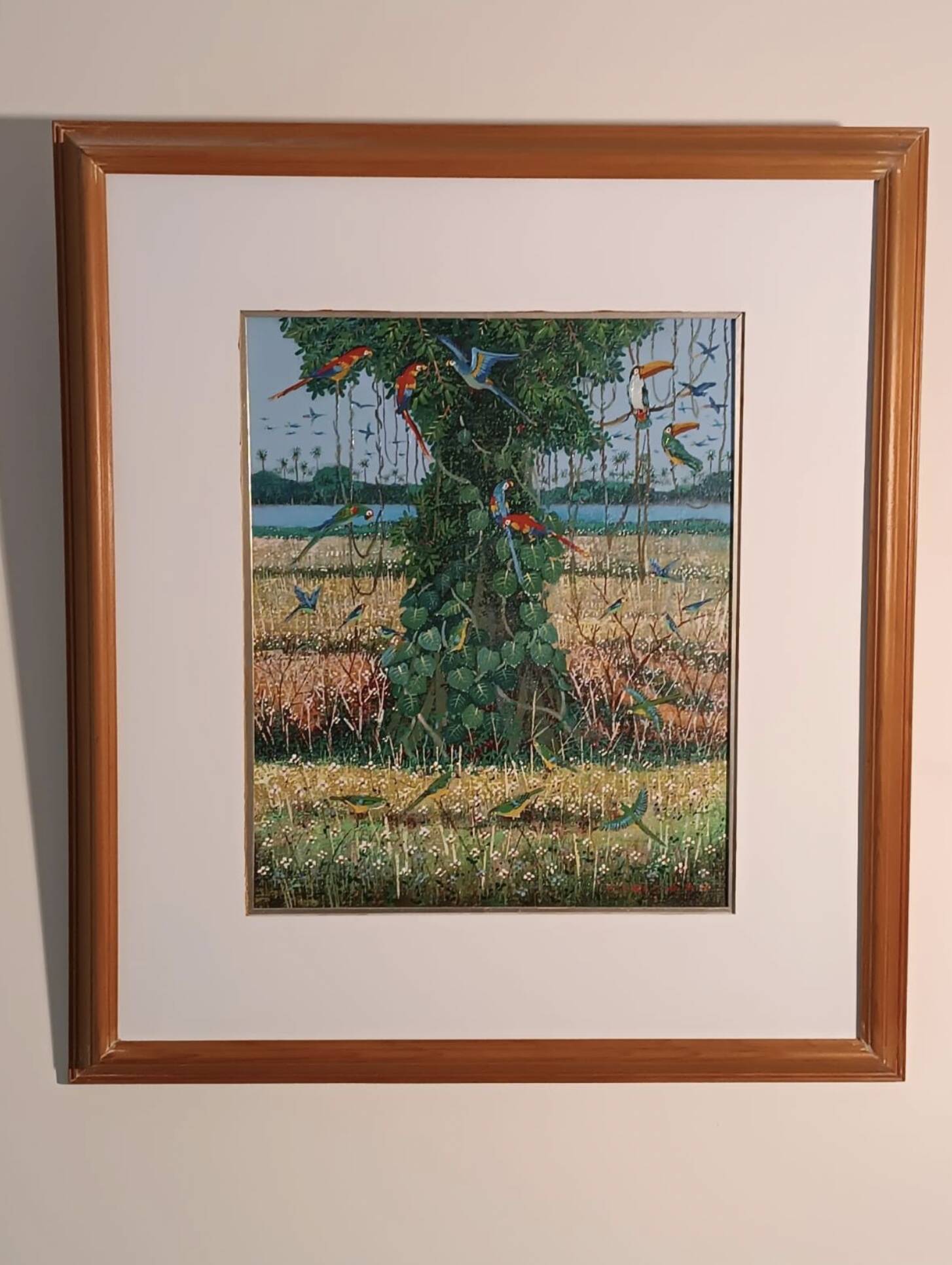 Landscape and exotic birds, signed Iwao Nakajima.