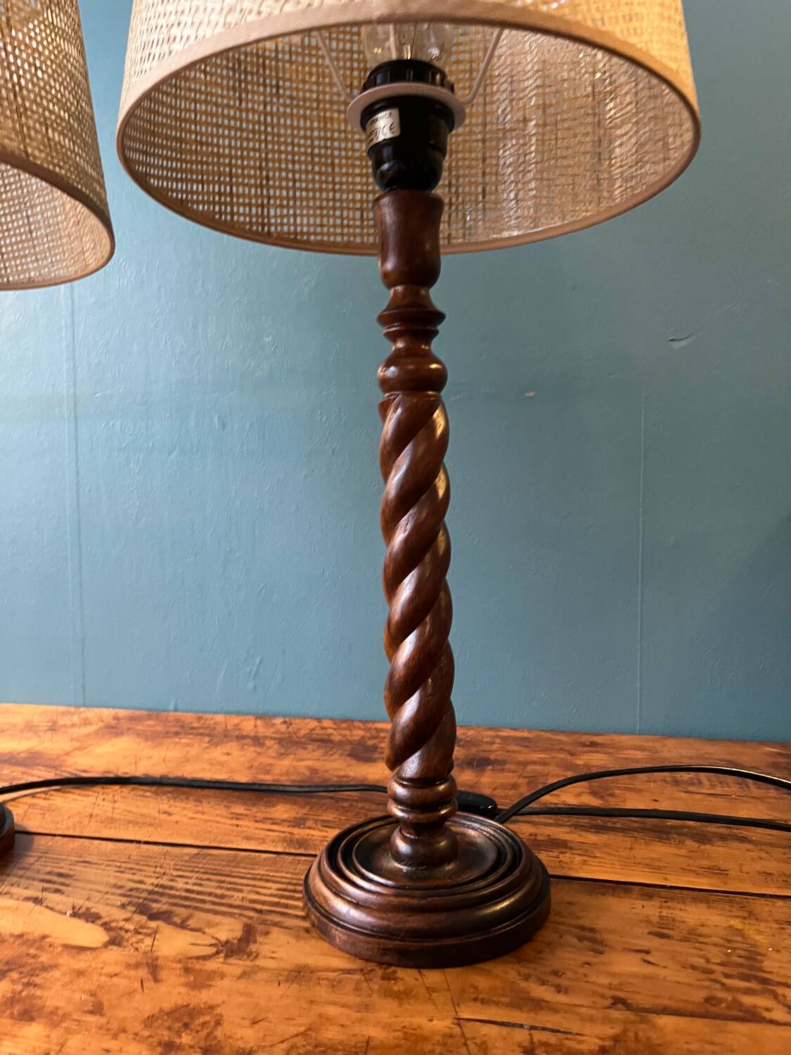 Pair of table lamps in turned wood, manual work
