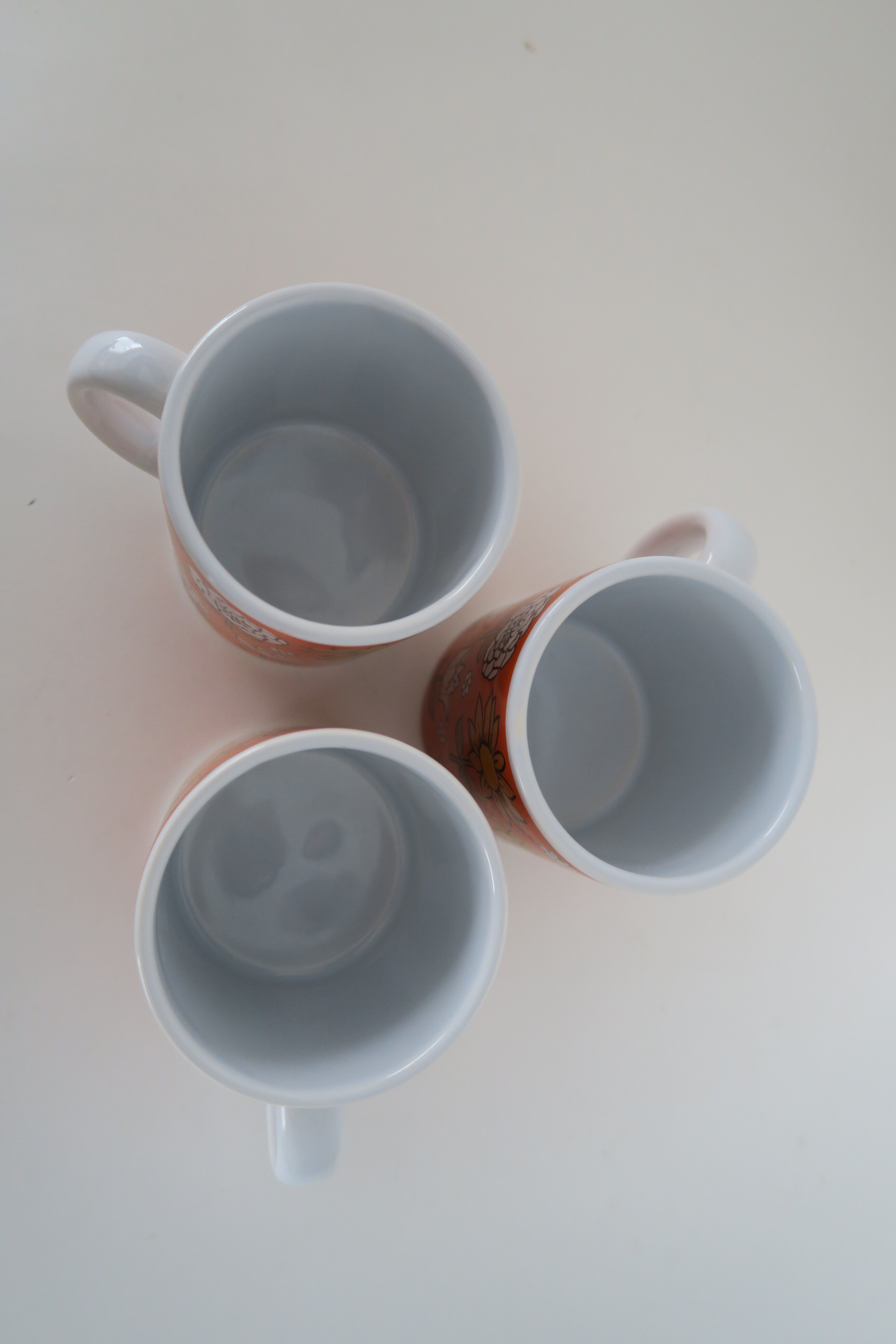 3 Mugs thick porcelain handle 1970 orange flowers Waechtersbach Germany