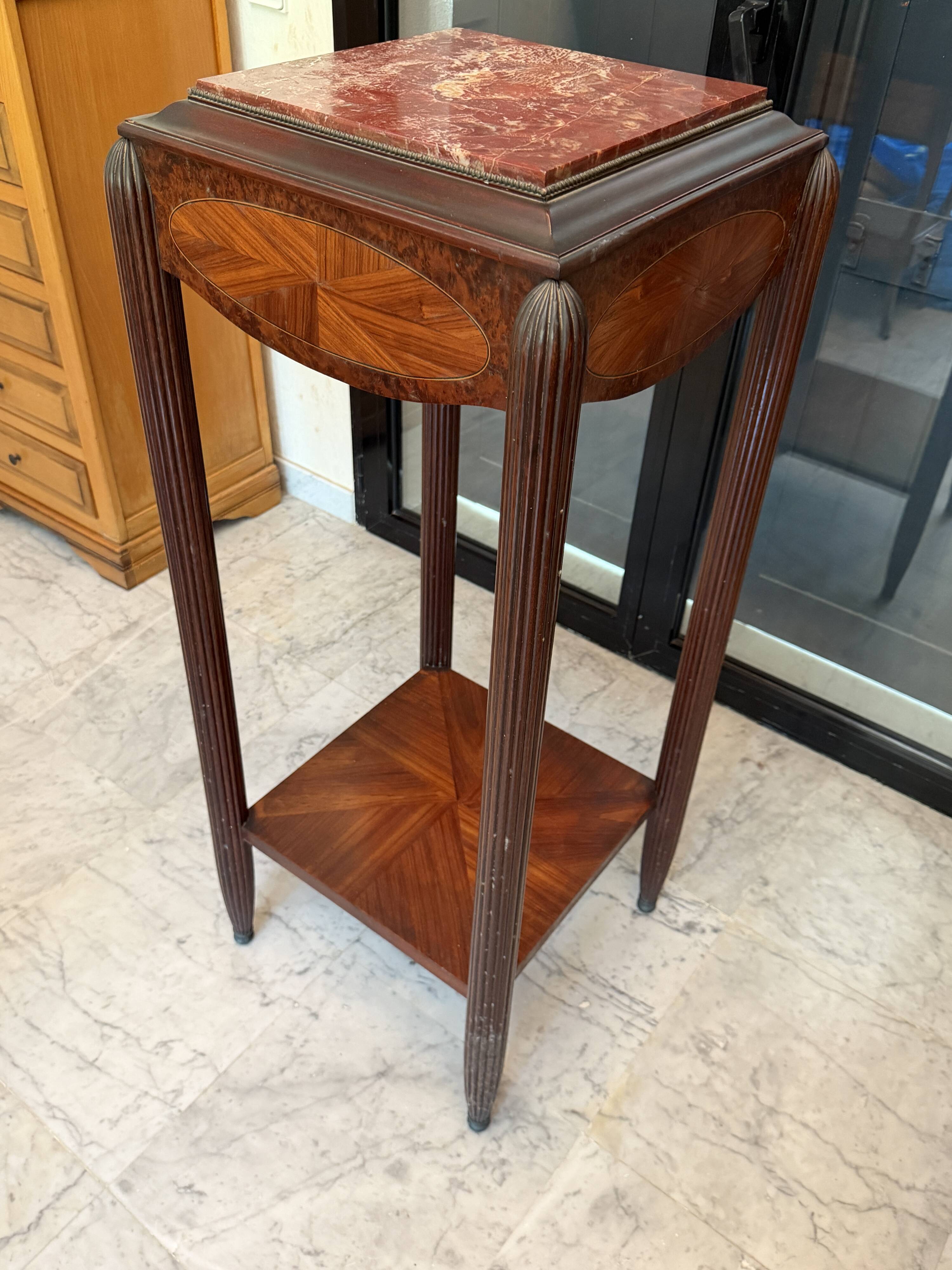 Elegant antique side table in marquetry and red marble – Louis XVI style
