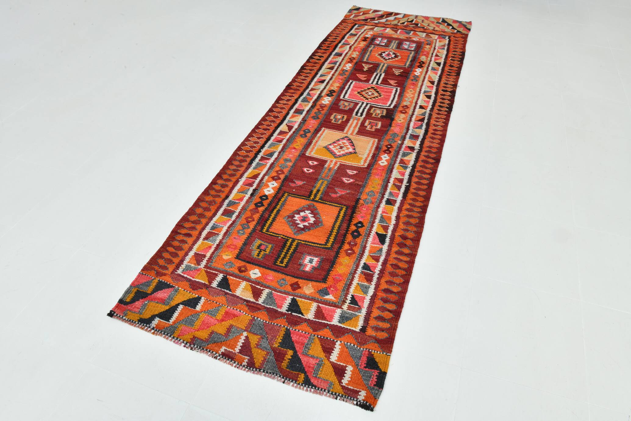 4x11 Kilim Long Wide Dark Red Handwoven Vintage Kilim Runner Rug, 104x317