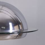 VINTAGE 1970S CHANDELIER IN CHROME-PLATED METAL AND GLASS, ITALIAN DESIGN