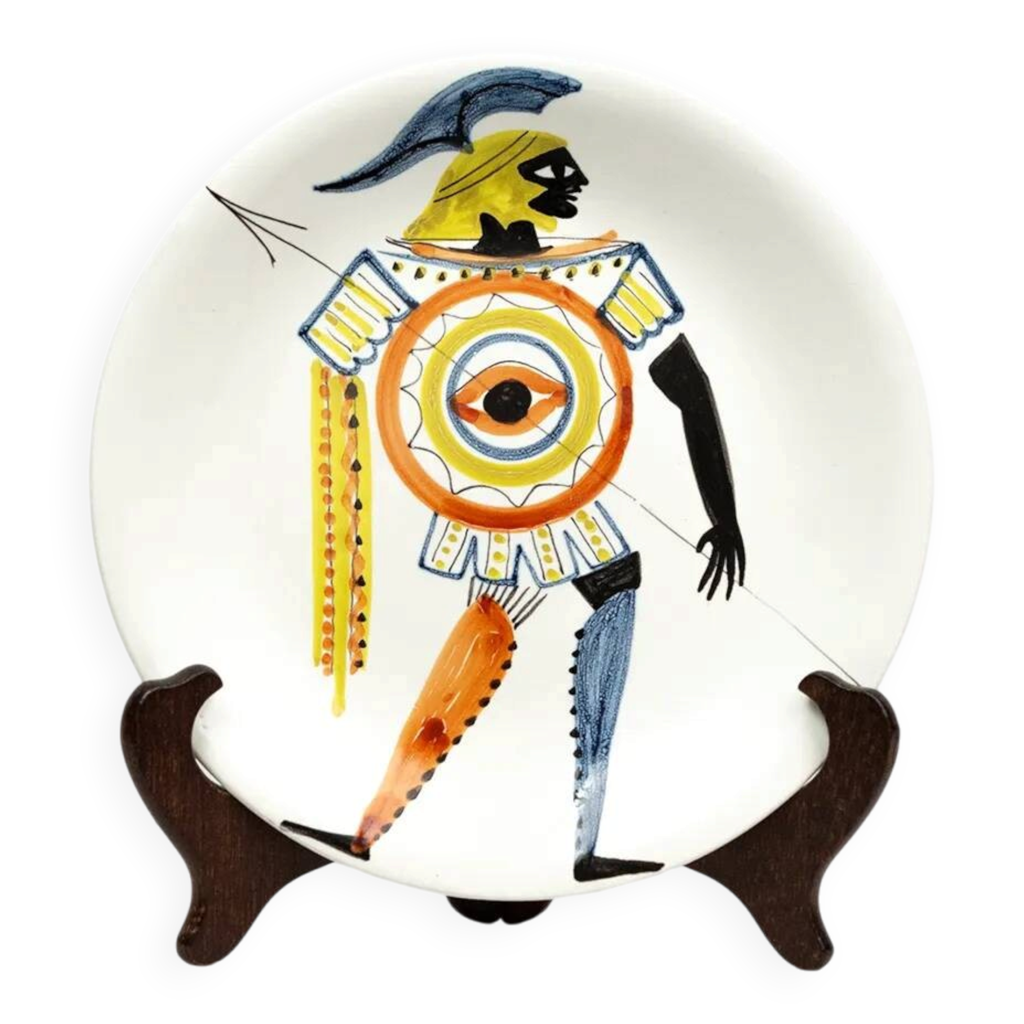 Ceramic plate by Roger Capron, Vallauris, ancient warrior - 1960s