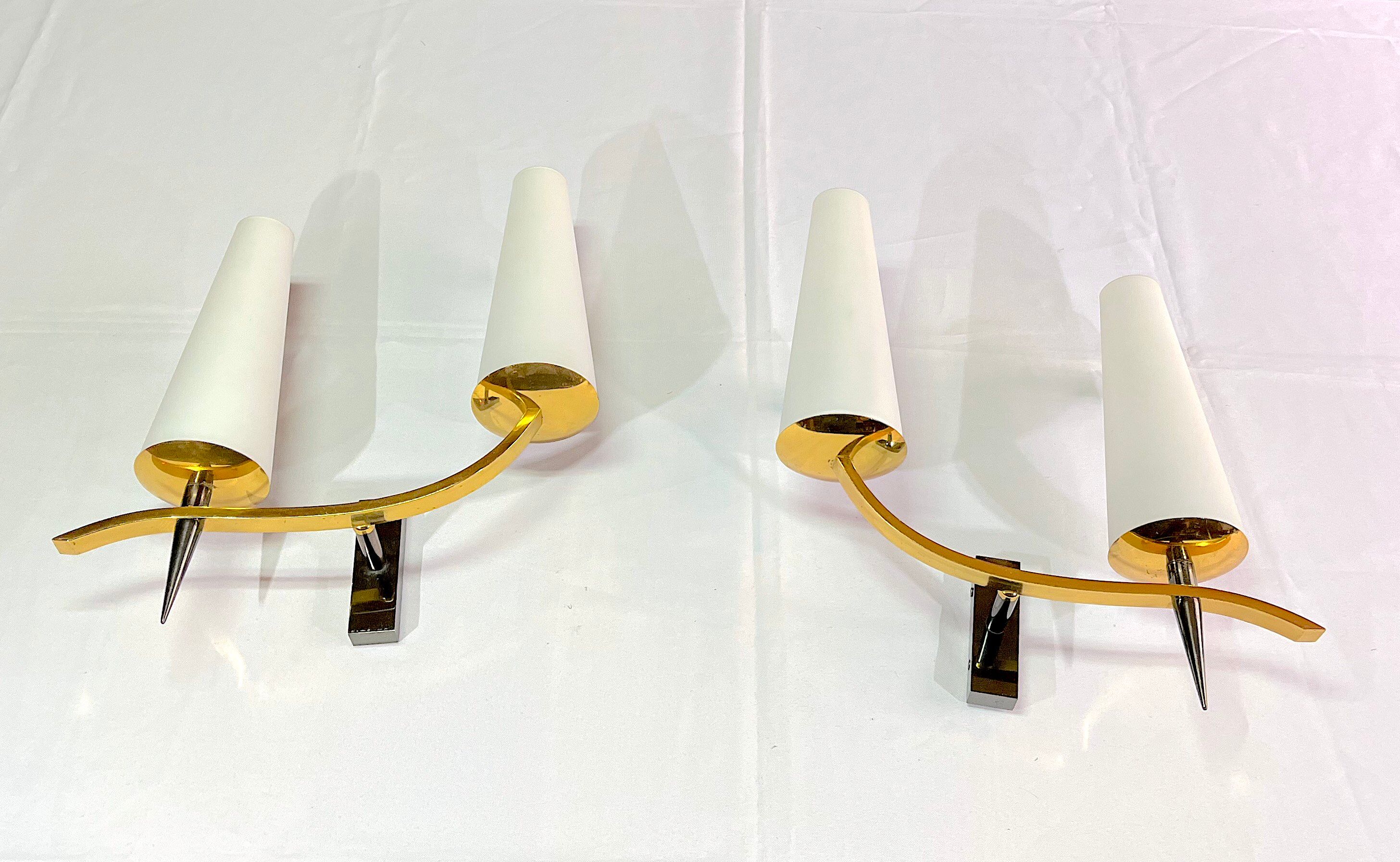 Pair of double sconces in brass and opaline, Maison Arlus, France, Mid-Century