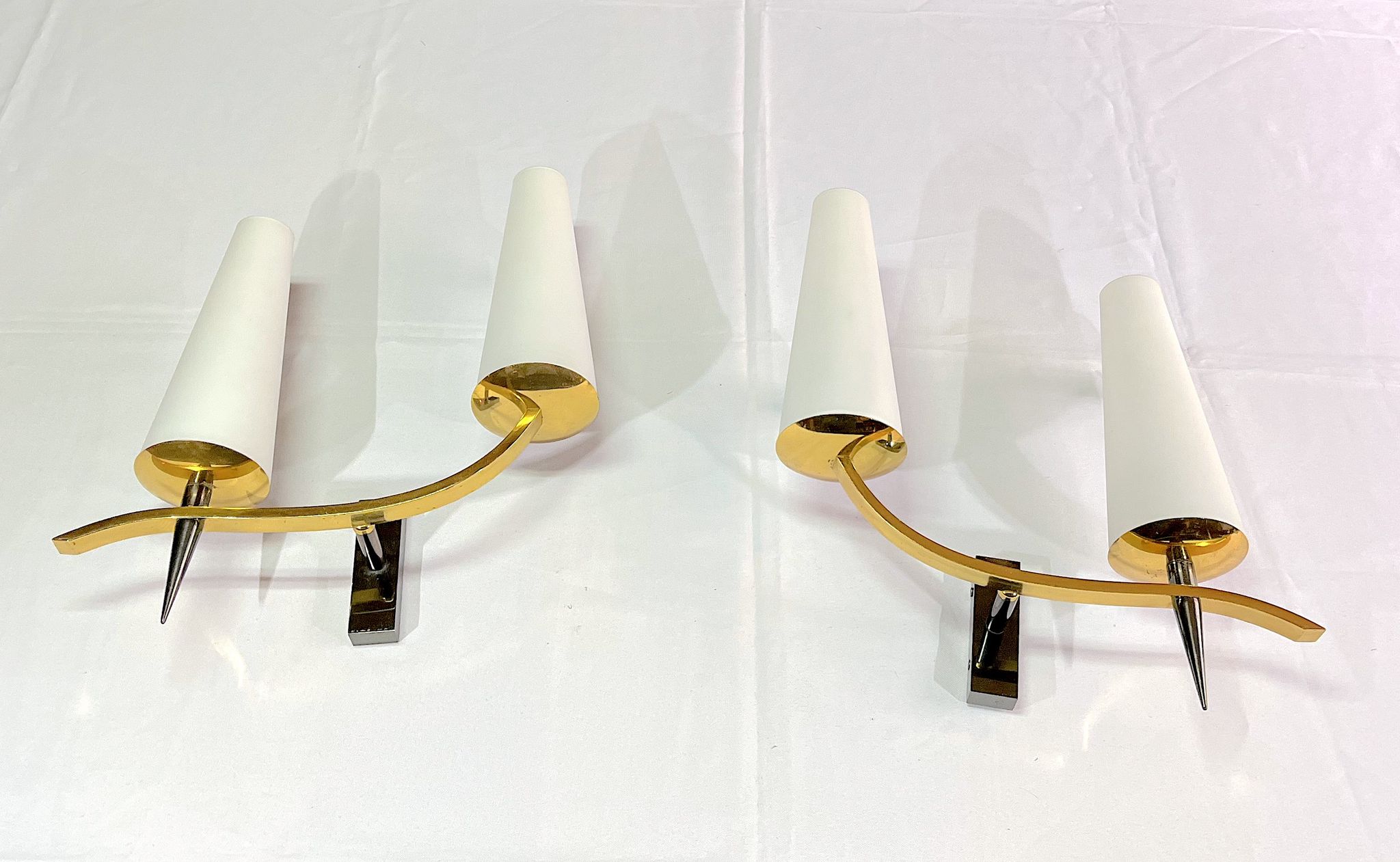 Pair of double sconces in brass and opaline, Maison Arlus, France, Mid-Century
