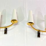 Pair of double sconces in brass and opaline, Maison Arlus, France, Mid-Century