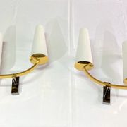 Pair of double sconces in brass and opaline, Maison Arlus, France, Mid-Century