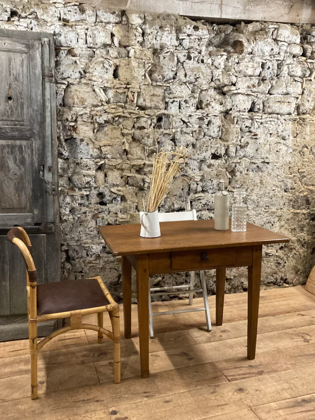 Rectangular wooden farmhouse table or rustic desk with antique drawer