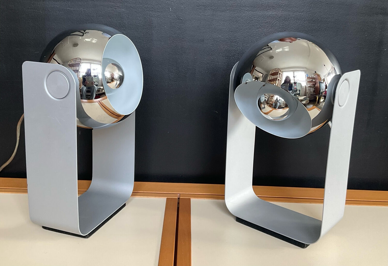 Pair of Eyeball lamps in chrome metal and aluminium
