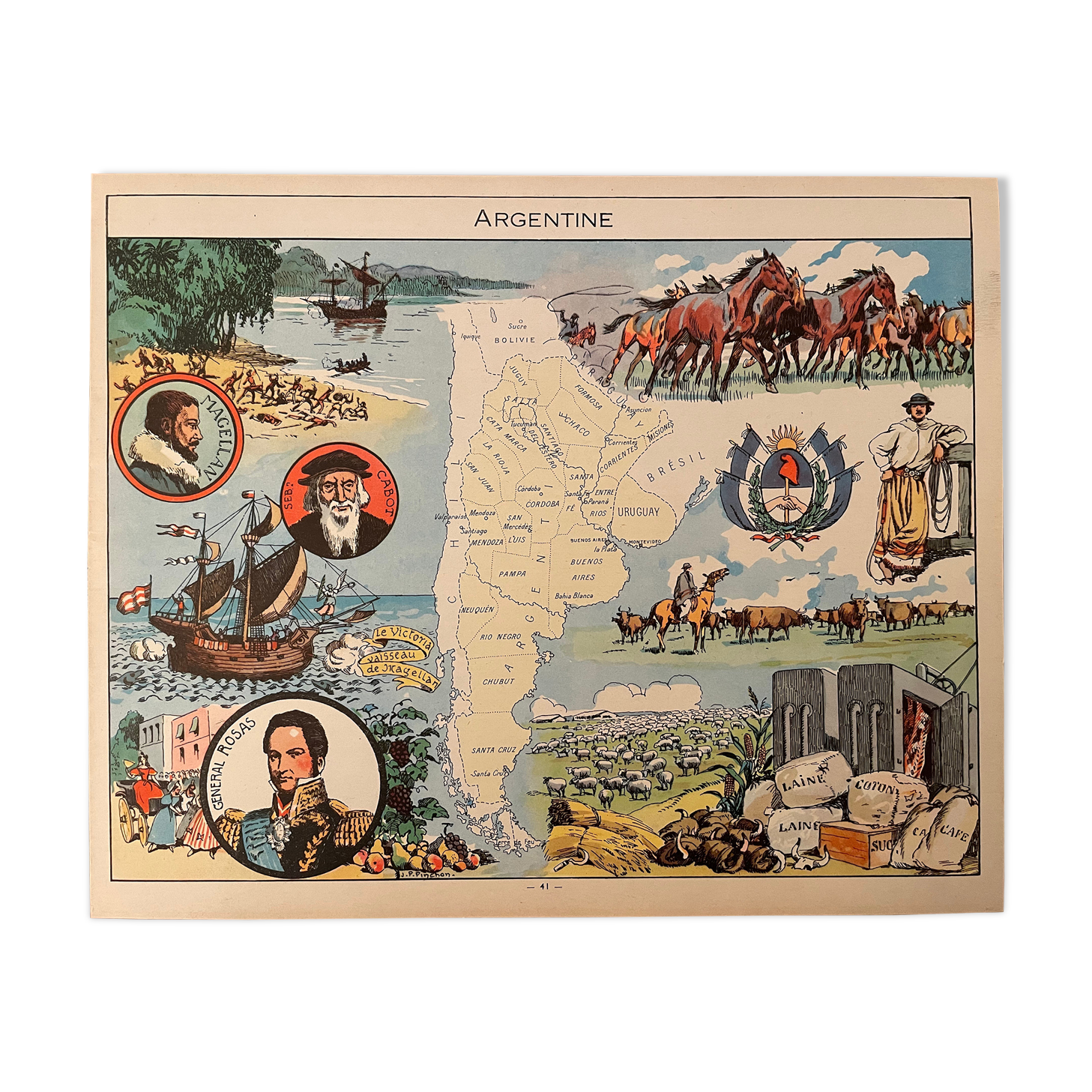 Old illustrated map of Argentina from 1948 - JP Pinchon