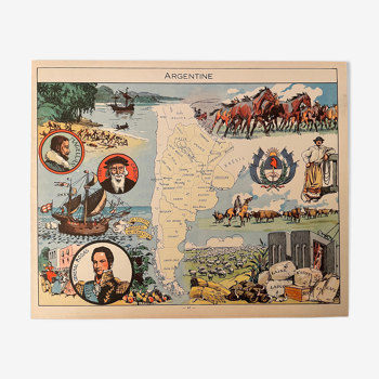 Affiche ancienne carte illustrée de l'Argentine de 1948 - JP Pinchon