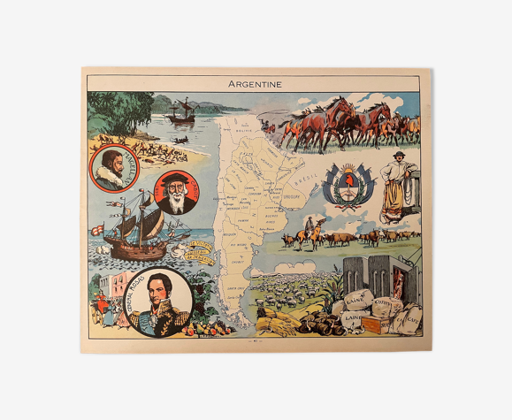 Affiche ancienne carte illustrée de l'Argentine de 1948 - JP Pinchon