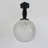 Art Deco hanging lamp in wrought iron Fournet and globe in glass paste